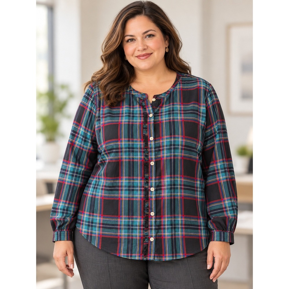 Old Navy Plaid Ruffle Blouse Women XXL Multicolor Cotton Casual Boho Top 297